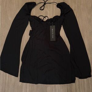 Black Tie Front Ribbed Babydoll Dress with Long Bishop Sleeves for Cocktail